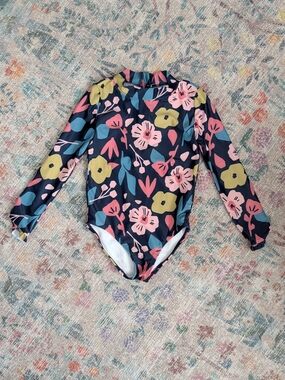 Long-Sleeve Kids Floral One-Piece Swimsuit - Navy with Pink & Green Flowers
